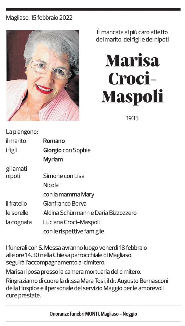 Annuncio funebre Marisa Croci-maspoli