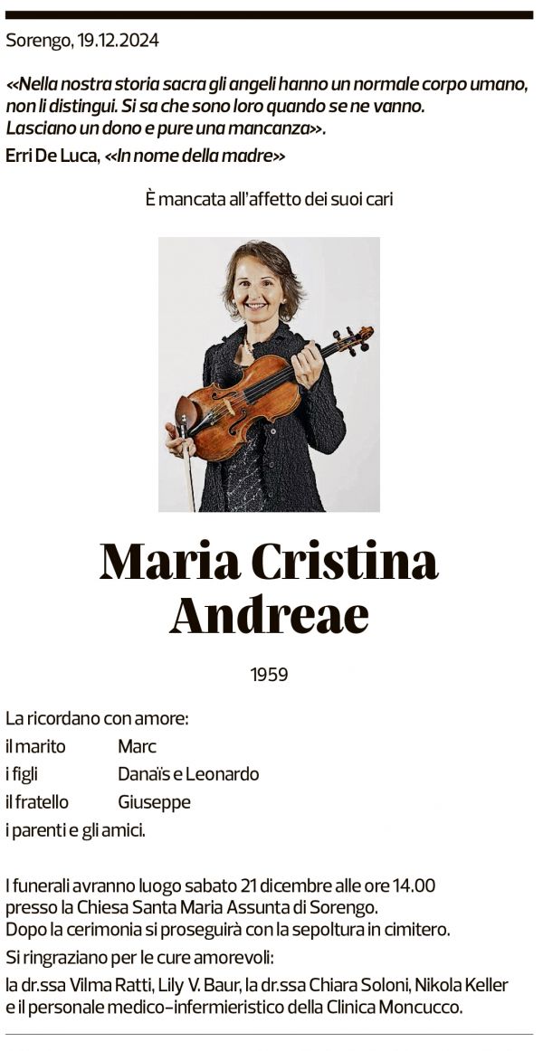 Annuncio funebre Maria Cristina Andreae