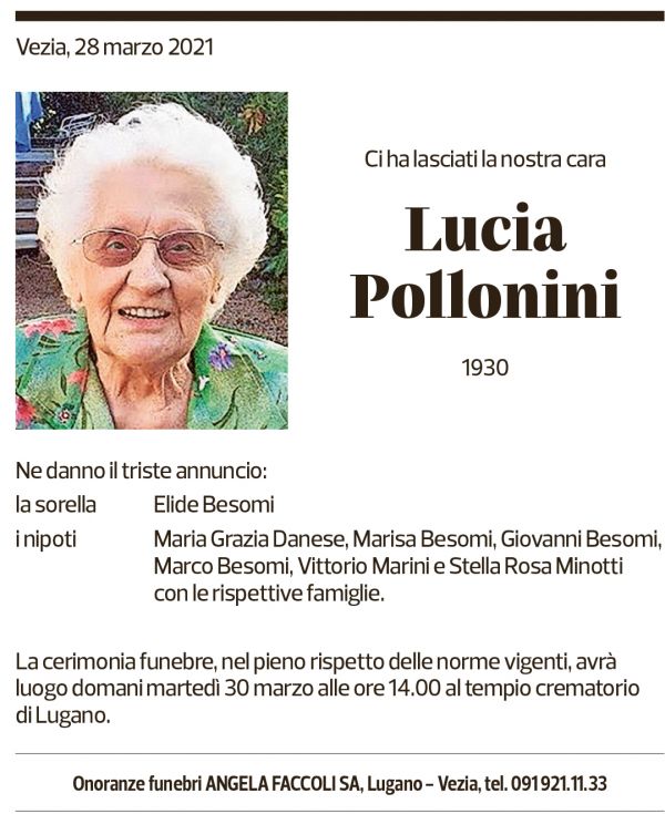 Annuncio funebre Lucia Pollonini