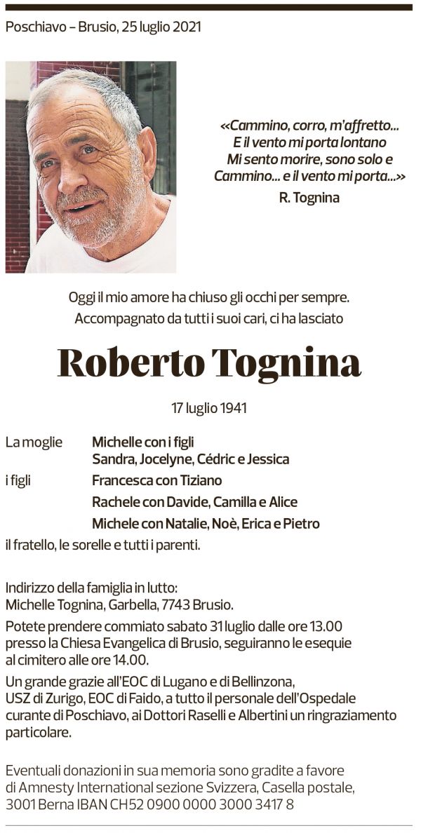 Annuncio funebre Roberto Tognina