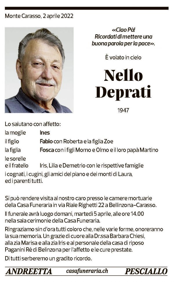 Annuncio funebre Nello Deprati