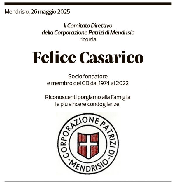 Annuncio funebre Felice Casarico