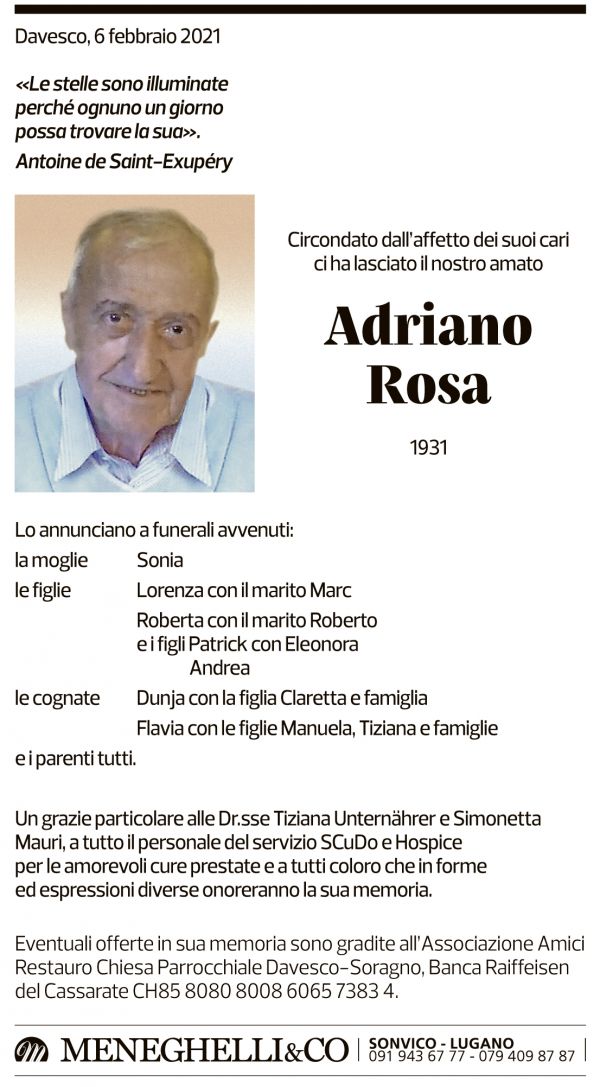 Annuncio funebre Adriano Rosa