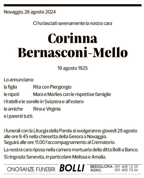 Annuncio funebre Corinna Bernasconi-mello