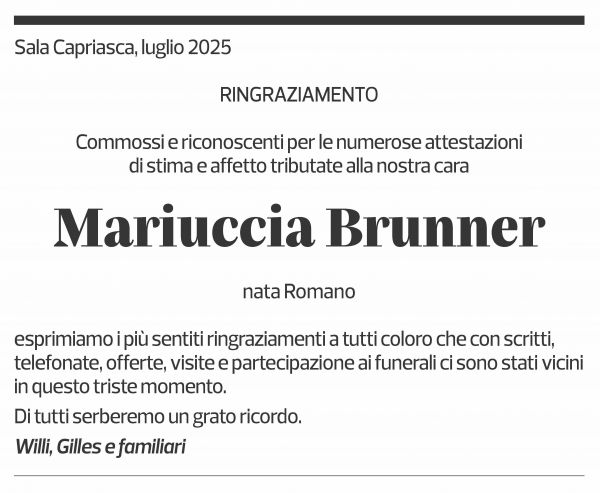 Annuncio funebre Mariuccia Brunner