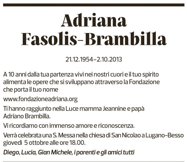 Annuncio funebre Adriana Fasolis-brambilla