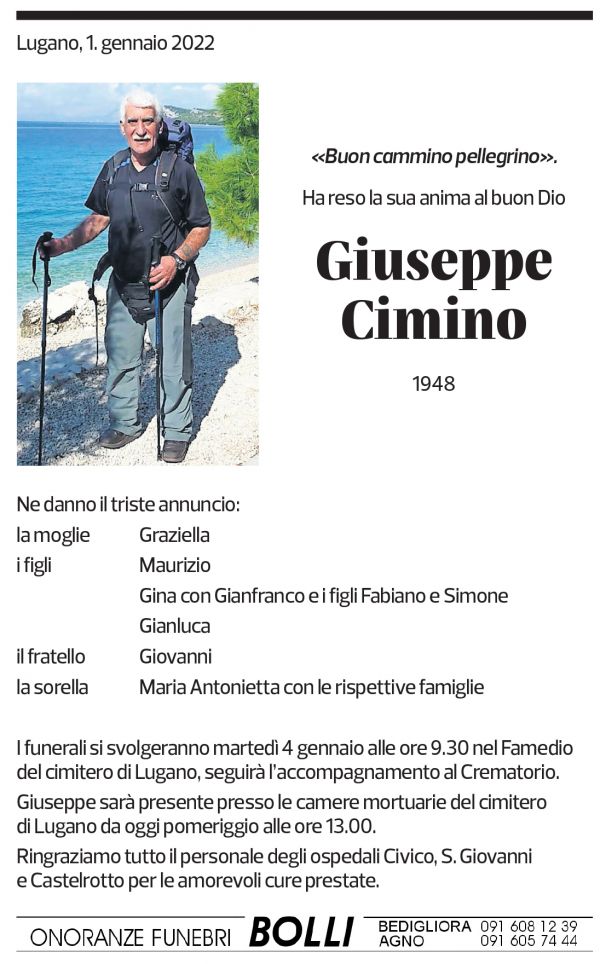 Annuncio funebre Giuseppe Cimino