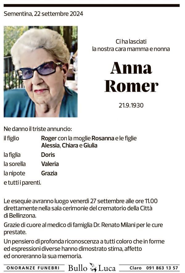 Annuncio funebre Anna Romer