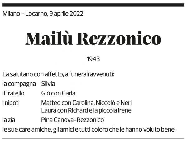 Annuncio funebre Mailù Rezzonico