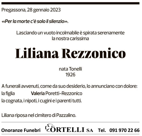 Annuncio funebre Liliana Rezzonico