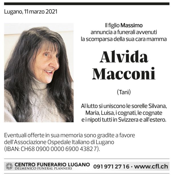 Annuncio funebre Alvida Macconi