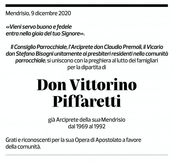 Annuncio funebre Don Vittorino Piffaretti