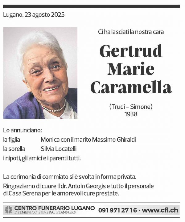 Annuncio funebre Gertrud Marie Caramella