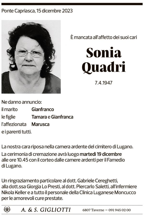 Annuncio funebre Sonia Quadri