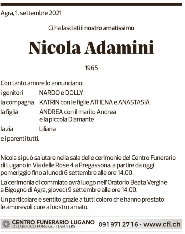 Annuncio funebre Nicola Adamini