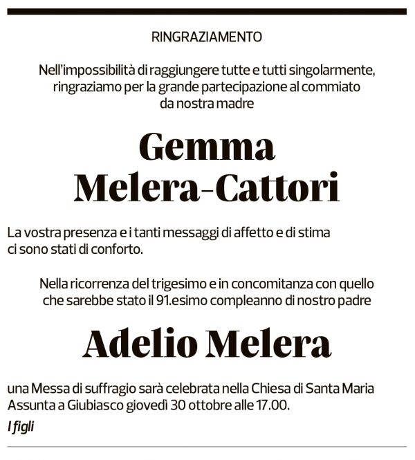 Annuncio funebre Gemma Melera-cattori