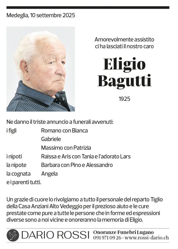 Annuncio funebre Eligio Bagutti
