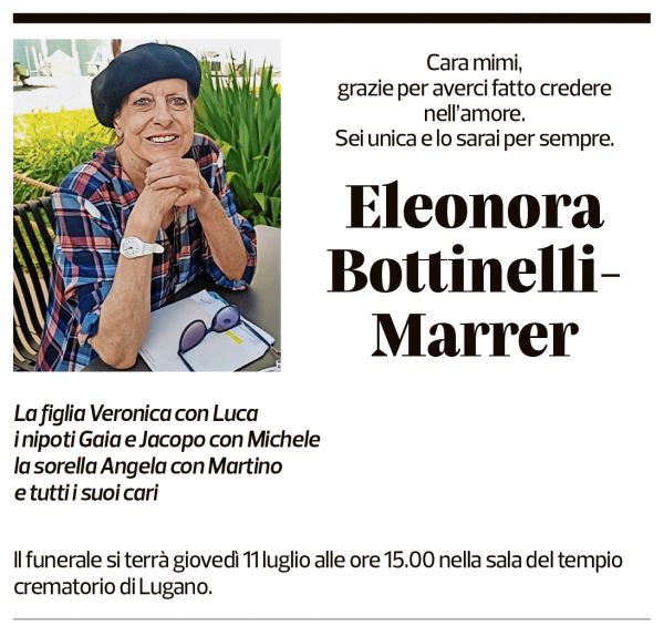 Annuncio funebre Eleonora Bottinelli-marrer