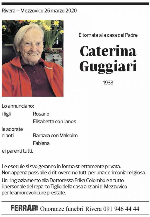 Annuncio funebre Caterina Guggiari