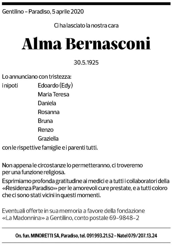 Annuncio funebre Alma Bernasconi