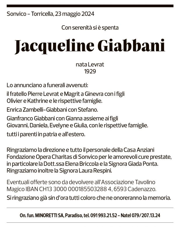 Annuncio funebre Jacqueline Giabbani