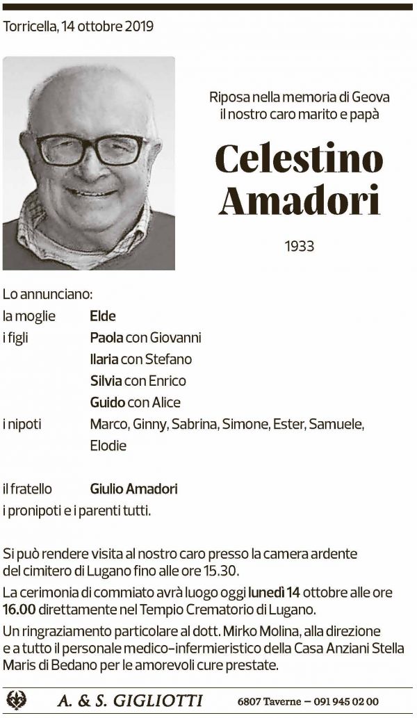 Annuncio funebre Celestino Amadori