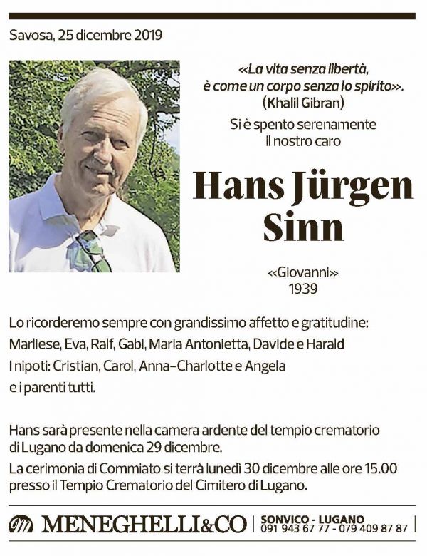 Annuncio funebre Hans Jürgen Sinn