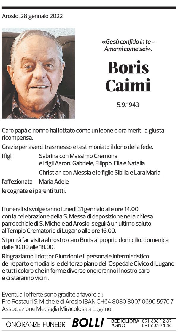 Annuncio funebre Boris Caimi