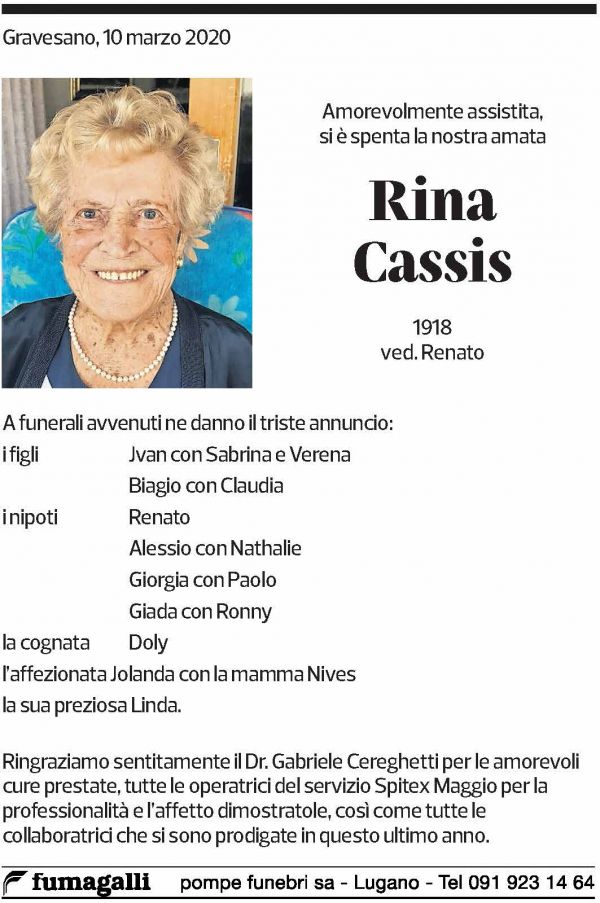 Annuncio funebre Rina Cassis
