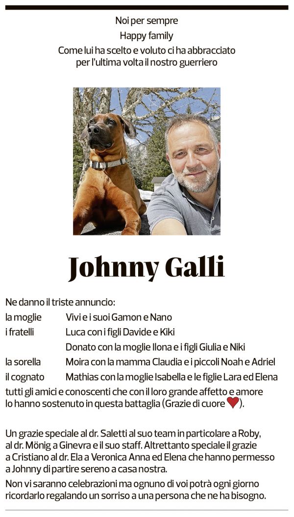 Annuncio funebre Johnny Galli