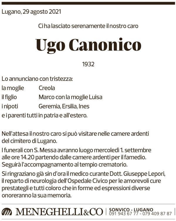 Annuncio funebre Ugo Canonico