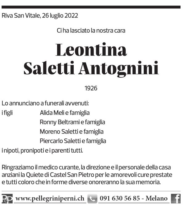 Annuncio funebre Leontina Saletti Antognini