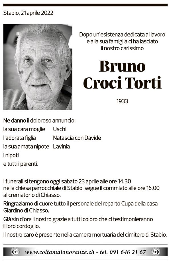 Annuncio funebre Bruno Croci Torti