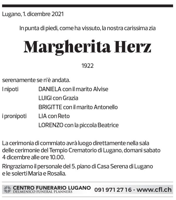 Annuncio funebre Margherita Herz