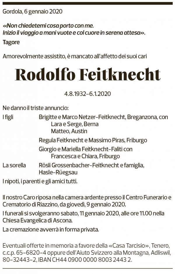 Annuncio funebre Rodolfo Feitknecht
