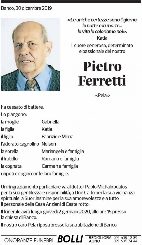 Annuncio funebre Pietro Ferretti