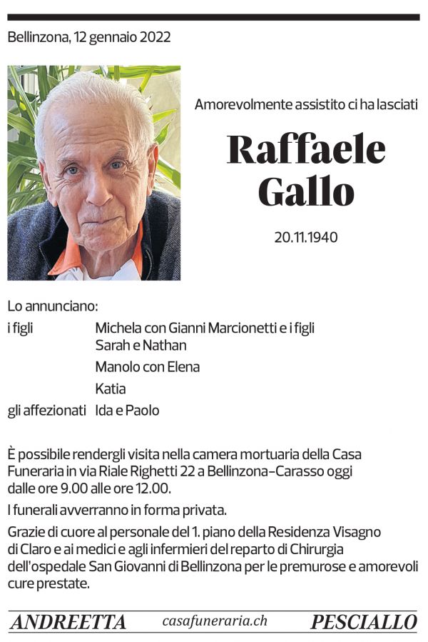 Annuncio funebre Raffaele Gallo