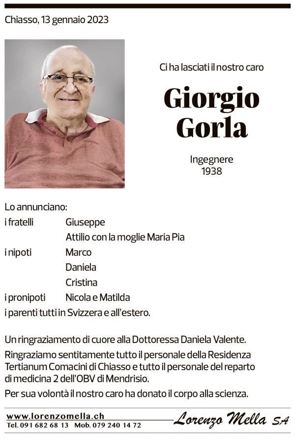 Annuncio funebre Giorgio Gorla