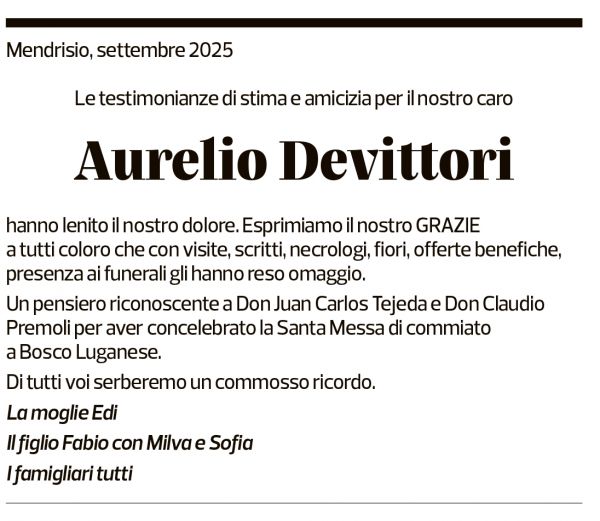 Annuncio funebre Aurelio Devittori