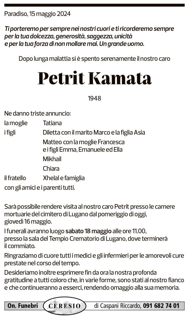 Annuncio funebre Petrit Kamata