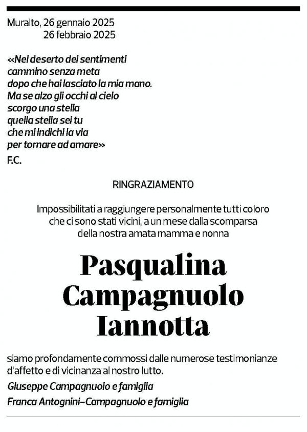 Annuncio funebre Pasqualina Campagnuolo Iannotta