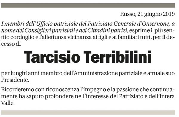 Annuncio funebre Tarcisio Terribilini