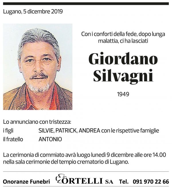Annuncio funebre Giordano Silvagni