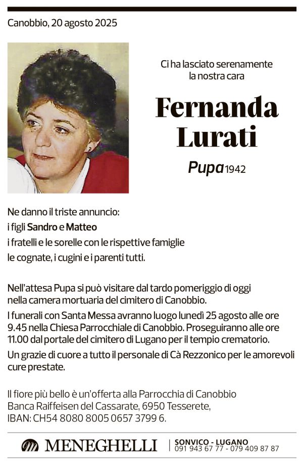 Annuncio funebre Fernanda Lurati