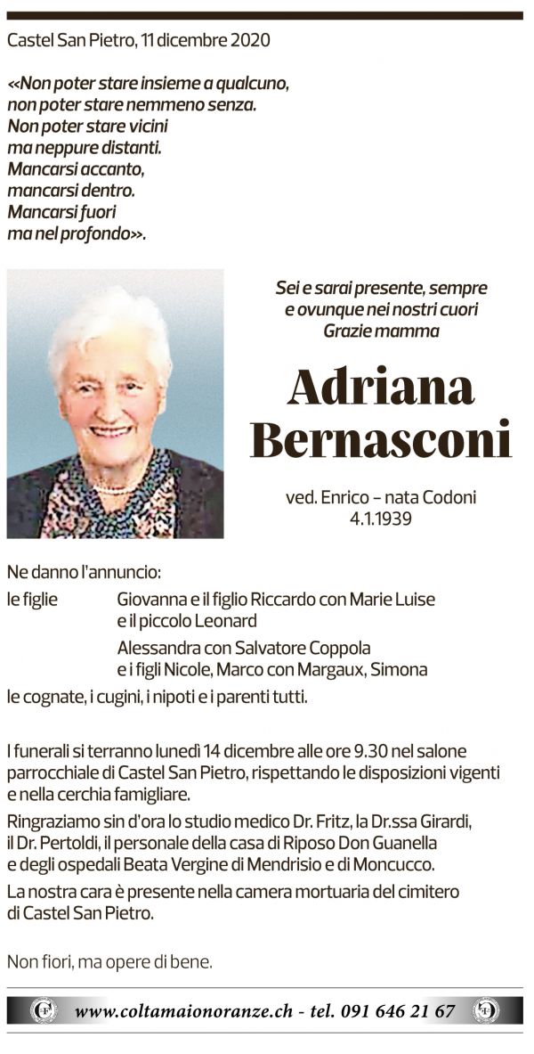 Annuncio funebre Adriana Bernasconi