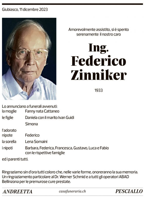 Annuncio funebre Federico Zinniker