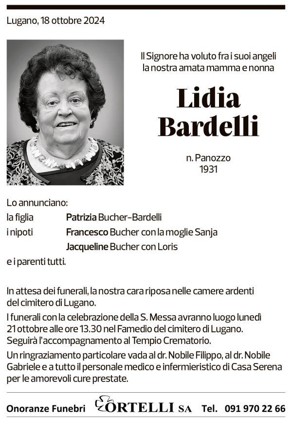 Annuncio funebre Lidia Bardelli