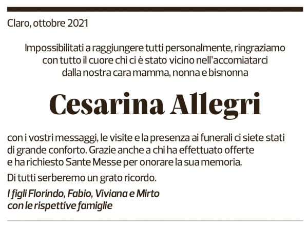 Annuncio funebre Cesarina Allegri