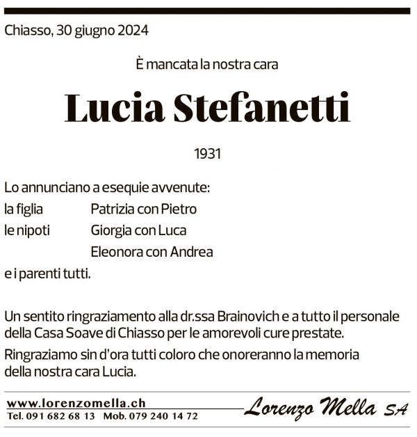 Annuncio funebre Lucia Stefanetti