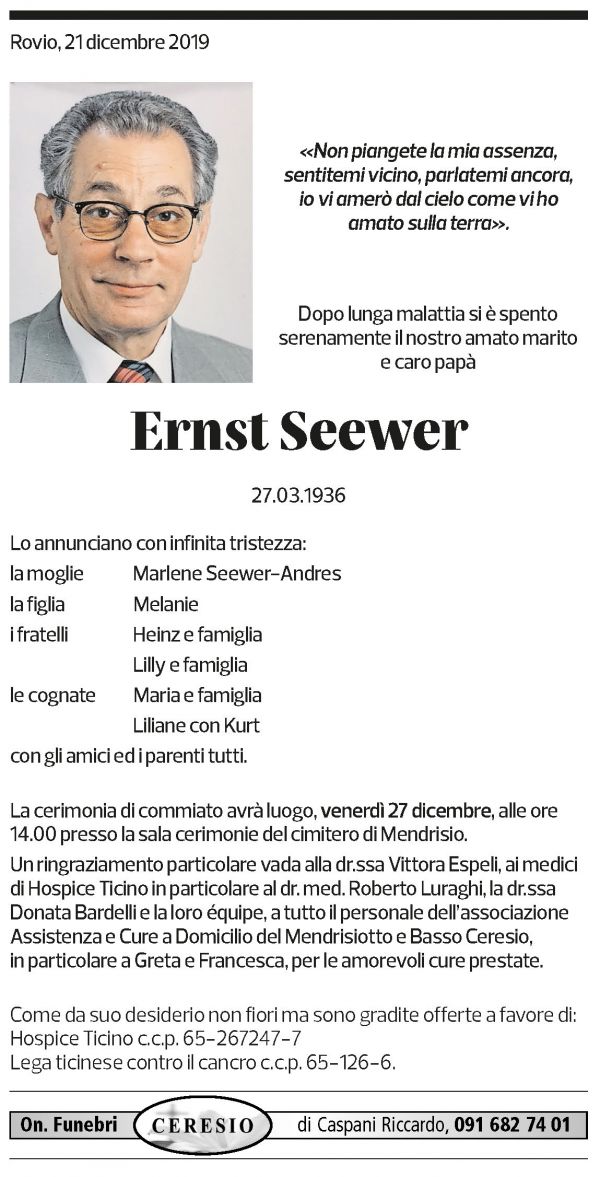 Annuncio funebre Ernst Seewer